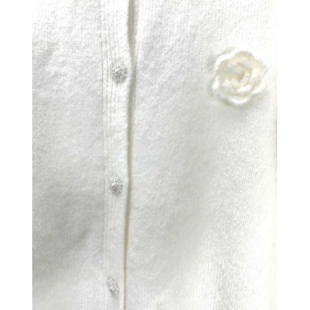 Gilet Femme Élégant en Maille Blanc  avec Boutons Bijoux et Fleur Brodée