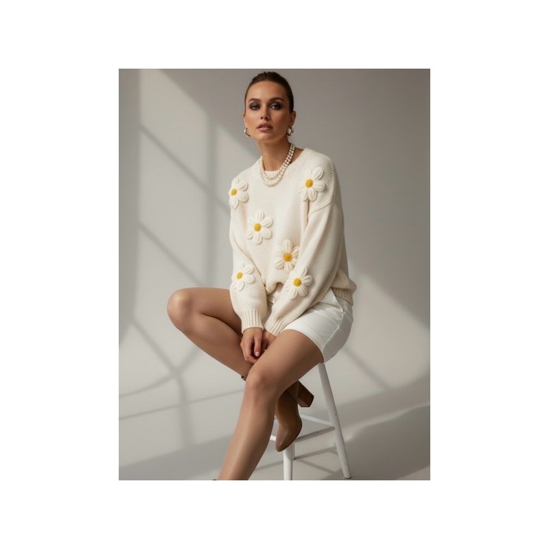 Pull blanc/crème à fleurs 3D – douceur, style et élégance printanière