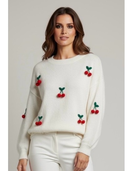 Pull blanc en maille avec motifs cerises brodés – Pull femme tendance et doux
