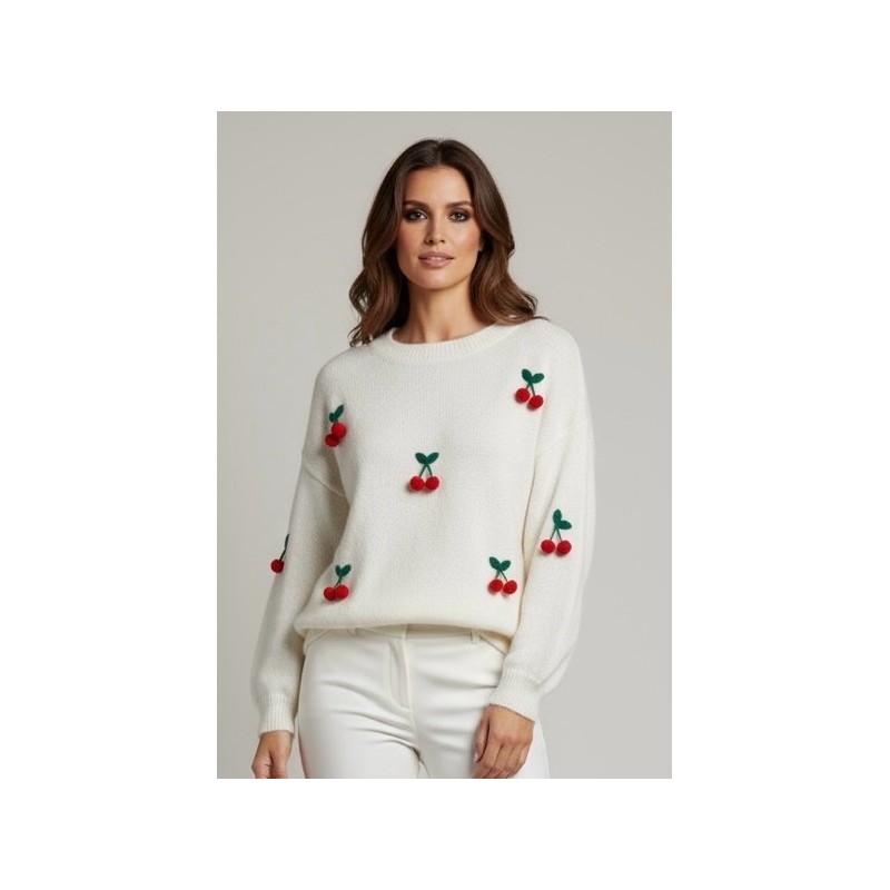 Pull blanc en maille avec motifs cerises brodés