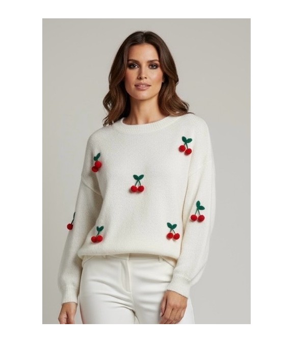Pull blanc en maille avec motifs cerises brodés – Pull femme tendance et doux
