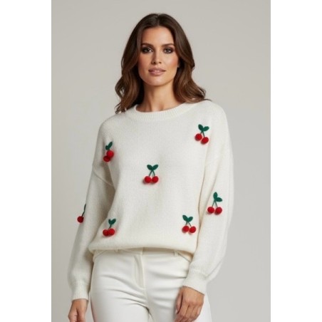 Pull blanc en maille avec motifs cerises brodés – Pull femme tendance et doux