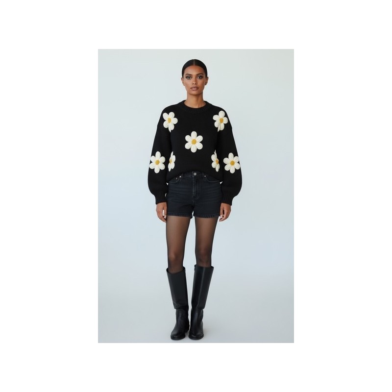 Pull chocolat à fleurs 3D