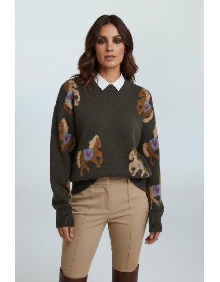 Pull femme motif chevaux en maille chaude – Pull marron original et tendance