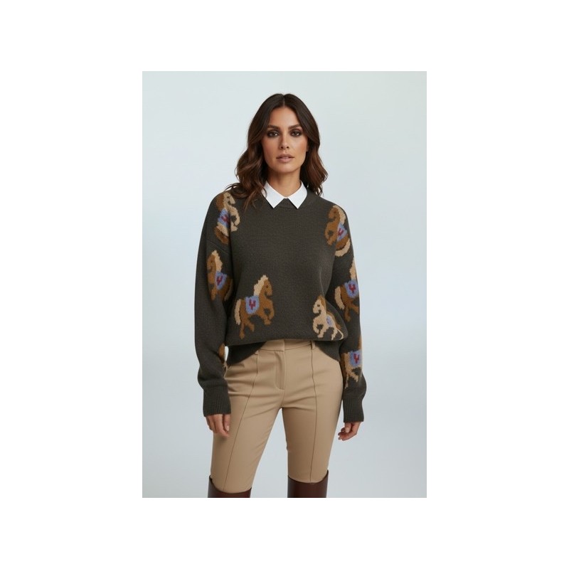 Pull femme motif chevaux – Style cosy chic en maille douce