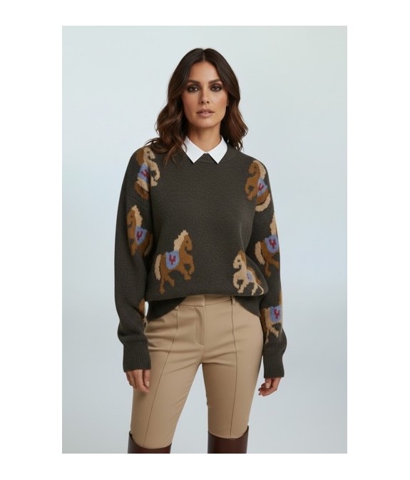 Pull femme motif chevaux – Style cosy chic en maille douce