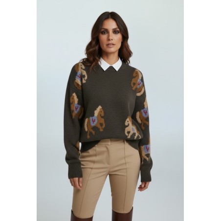 Pull femme motif chevaux en maille chaude – Pull marron original et tendance