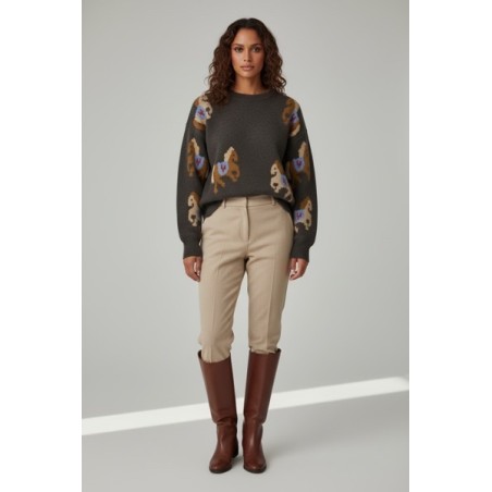 Pull femme motif chevaux en maille chaude – Pull marron original et tendance