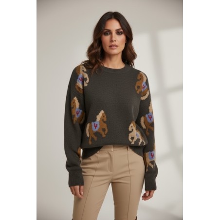 Pull femme motif chevaux en maille chaude – Pull marron original et tendance