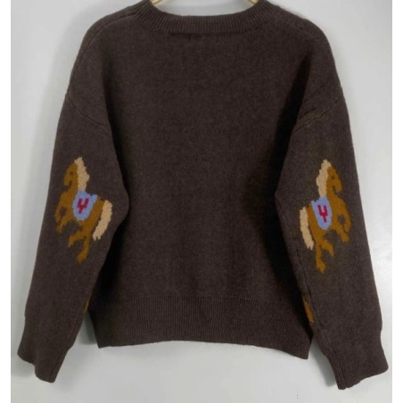 Pull femme motif chevaux en maille chaude – Pull marron original et tendance