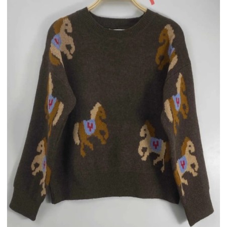 Pull femme motif chevaux en maille chaude – Pull marron original et tendance