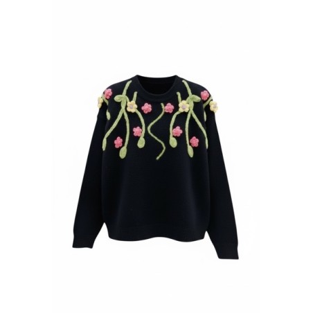 Pull femme noir brodé fleurs – Maille chaude et tendance