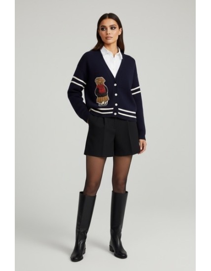 Gilet en maille bleu marine pour femme avec motif ours brodé – Cardigan tendance à boutons