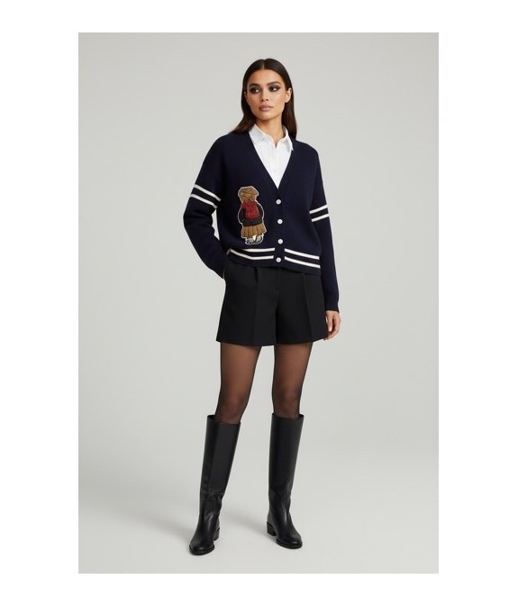 Gilet en maille bleu marine pour femme avec motif ours brodé – Cardigan tendance à boutons