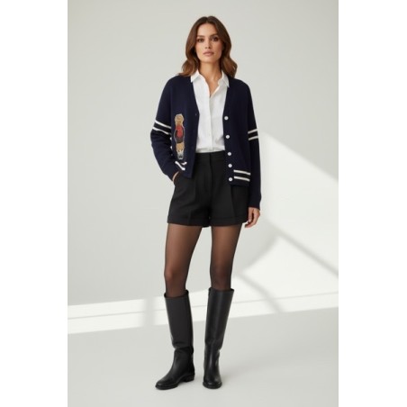 Gilet en maille bleu marine pour femme avec motif ours brodé – Cardigan tendance à boutons