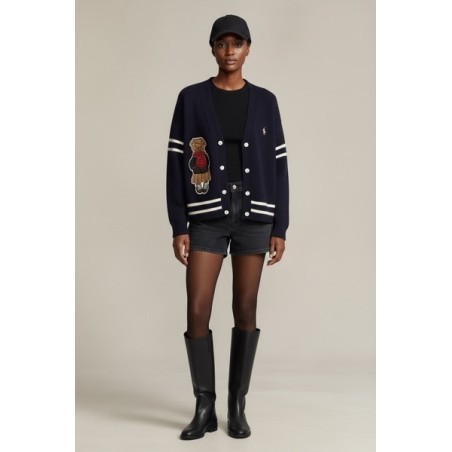 Gilet en maille bleu marine pour femme avec motif ours brodé – Cardigan tendance à boutons