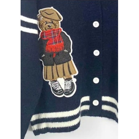 Gilet en maille bleu marine pour femme avec motif ours brodé – Cardigan tendance à boutons