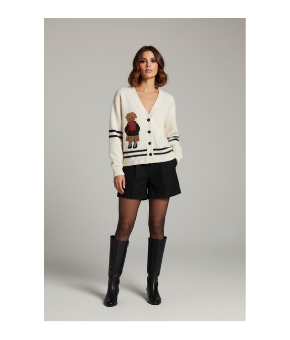 Gilet en maille écrue avec motif ours brodé – Style chic et décontracté