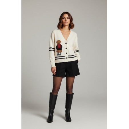 Gilet en maille écrue pour femme avec motif ours brodé – Cardigan tendance à boutons