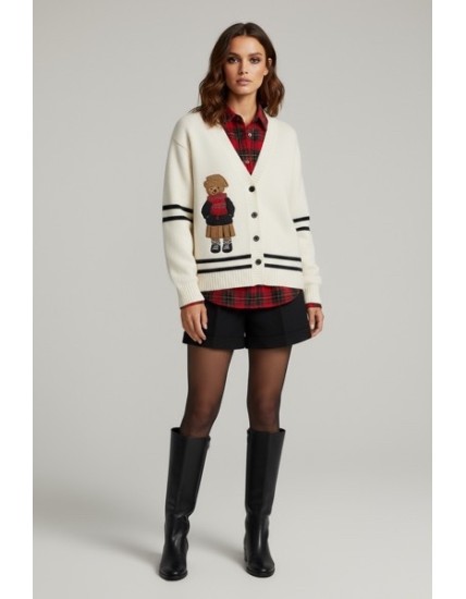 Gilet en maille écrue pour femme avec motif ours brodé – Cardigan tendance à boutons