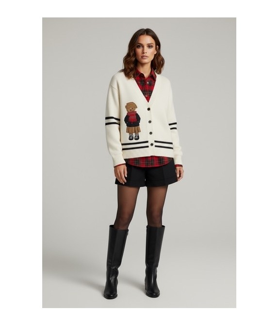 Gilet en maille écrue pour femme avec motif ours brodé – Cardigan tendance à boutons