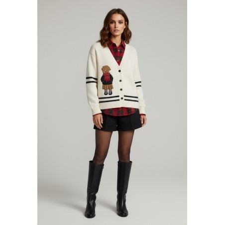 Gilet en maille écrue pour femme avec motif ours brodé – Cardigan tendance à boutons