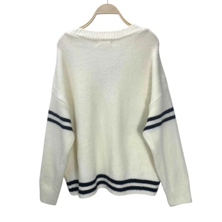 Gilet en maille écrue pour femme avec motif ours brodé – Cardigan tendance à boutons