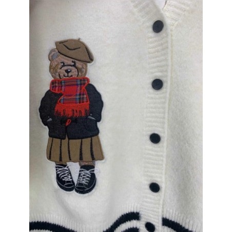 Gilet en maille écrue pour femme avec motif ours brodé – Cardigan tendance à boutons