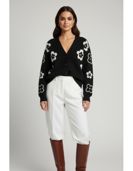 Cardigan Femme Tricot Motifs Fleurs Brodés – Gilet Col V Croisé