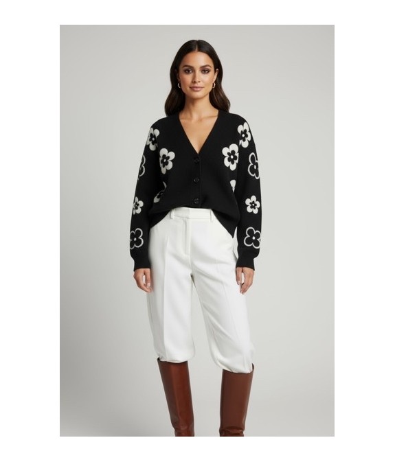 Cardigan Femme Tricot Motifs Fleurs Brodés – Gilet Col V Croisé