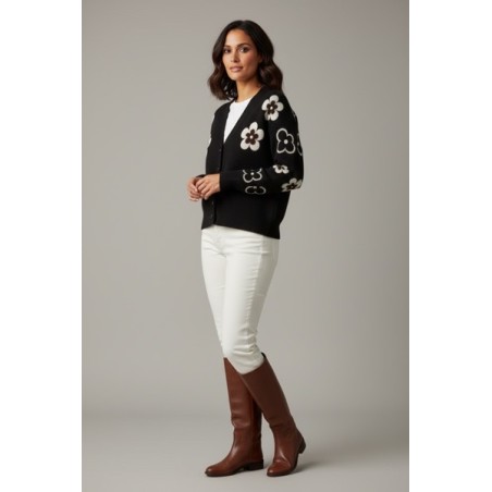 Cardigan Femme Tricot Motifs Fleurs Brodés – Gilet Col V Croisé