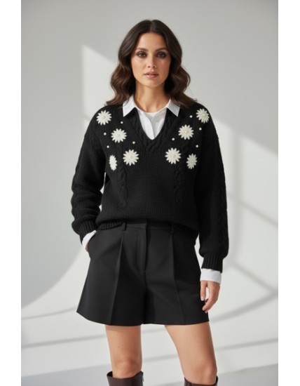 Pull noir en maille avec motifs floraux – Élégant, chic et confortable | Nouvelle collection