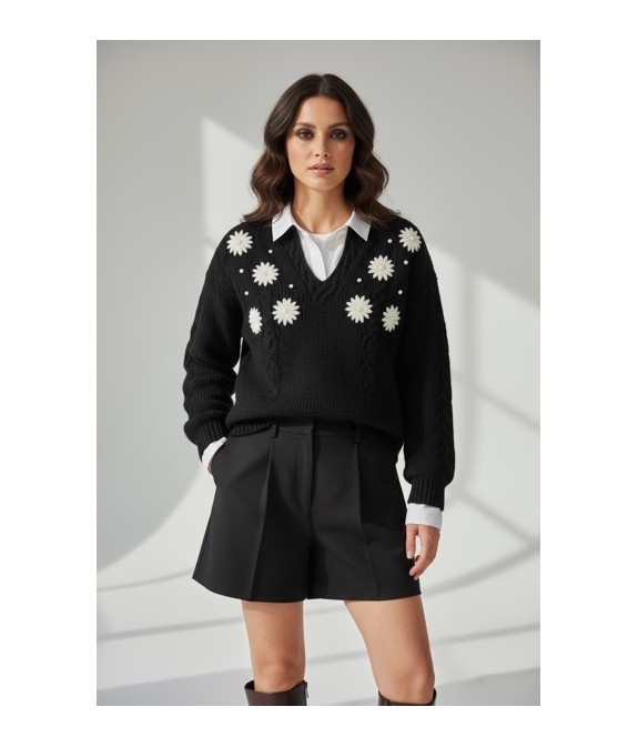 Pull noir en maille avec motifs floraux – Élégant, chic et confortable | Nouvelle collection