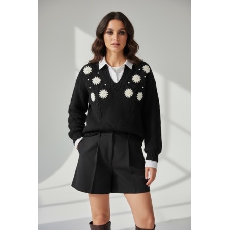 Pull noir en maille avec motifs floraux – Élégant, chic et confortable | Nouvelle collection