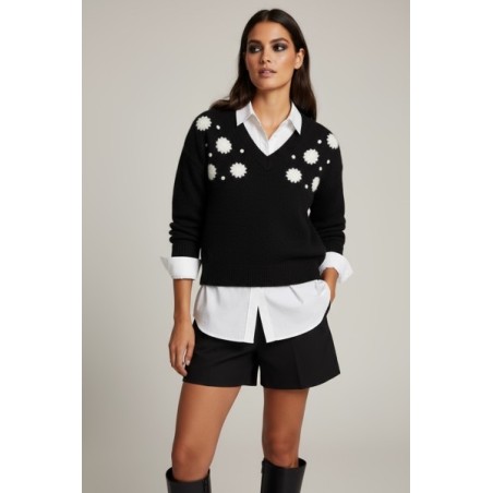 Pull noir en maille avec motifs floraux – Élégant, chic et confortable | Nouvelle collection