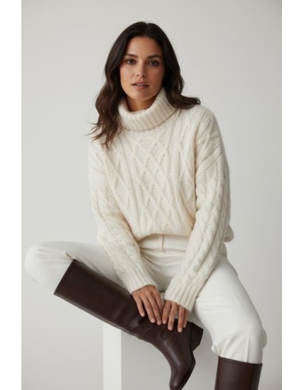 Pull femme en maille torsadée blanc ecru