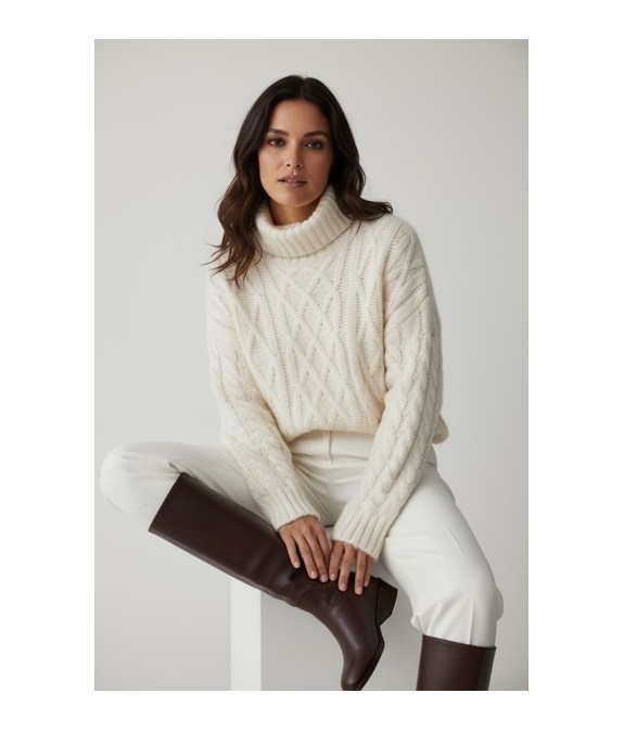 Pull femme en maille torsadée blanc ecru