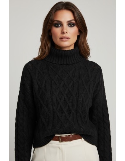 Pull femme col roulé noir – Maille épaisse et look chic