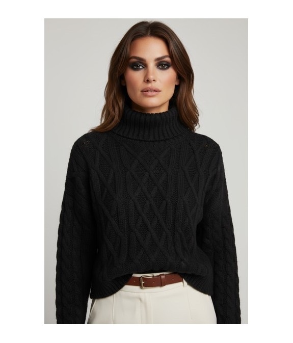 Pull femme col roulé noir – Maille épaisse et look chic