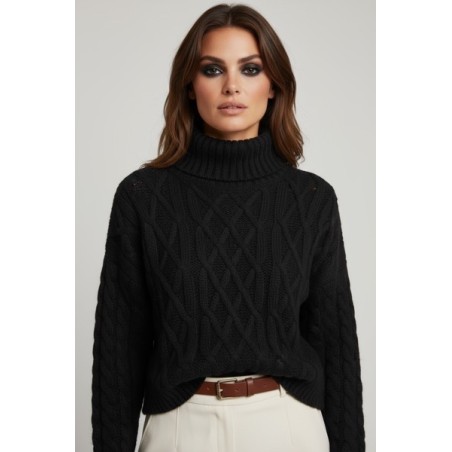 Pull femme col roulé noir – Maille épaisse et look chic