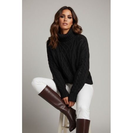 Pull femme col roulé noir – Maille épaisse et look chic