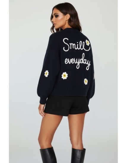 Gilet Cardigan Femme Oversize Noir Brodé Fleurs – Message Smile Everyday | Confort & Tendance