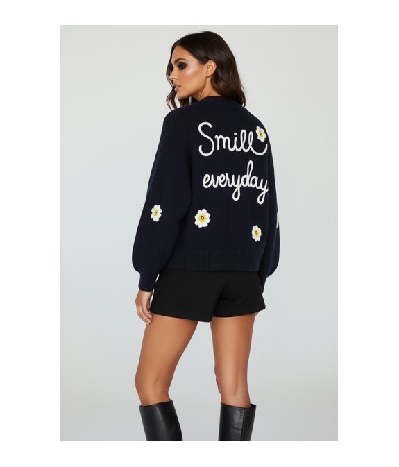 Gilet Cardigan Femme Oversize Noir Brodé Fleurs – Message Smile Everyday | Confort & Tendance