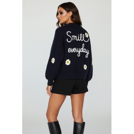 Gilet Cardigan Femme Oversize Noir Brodé Fleurs – Message Smile Everyday | Confort & Tendance