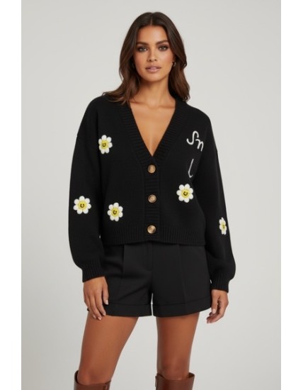 Gilet cardigan femme tendance brodé – Motif fleurs & message “Smile everyday”