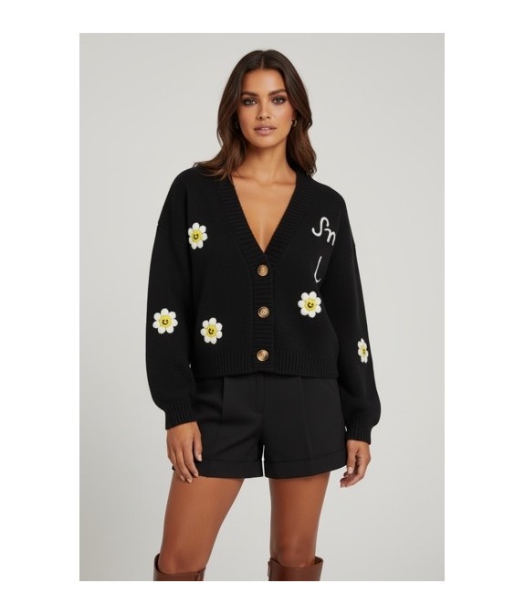 Gilet cardigan femme tendance brodé – Motif fleurs & message “Smile everyday”