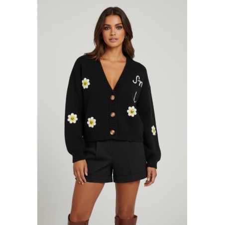 Gilet Cardigan Femme Oversize Noir Brodé Fleurs – Message Smile Everyday | Confort & Tendance