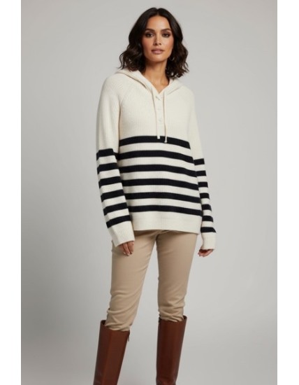 Pull à capuche style sweat rayé écru et bleu marine – Sweat femme tendance