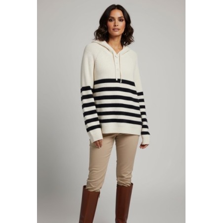Pull à capuche style sweat rayé écru et bleu marine – Sweat femme tendance