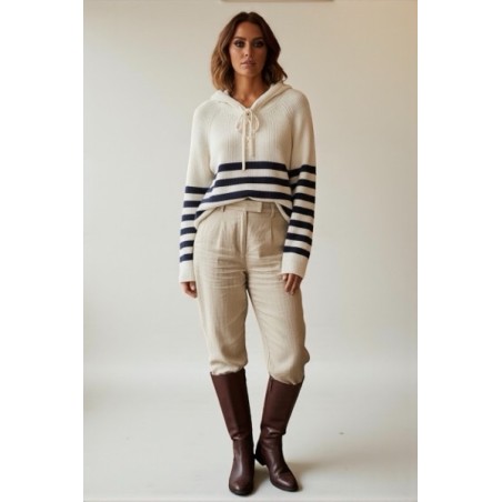 Pull à capuche style sweat rayé écru et bleu marine – Sweat femme tendance